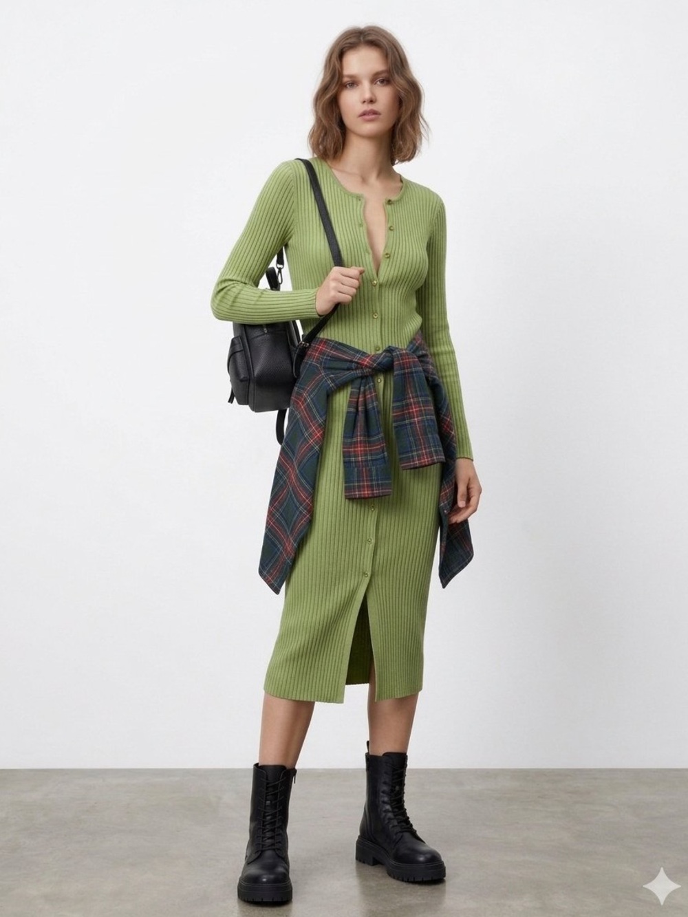 ZARA Sage Green Ribbed Knit Long Sleeve Midi Dress Size Small